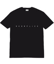 Black t-shirt with 'AKOMPLICE' text on a white background