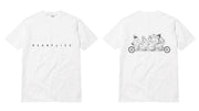 White t-shirt with black graphic design on a white background