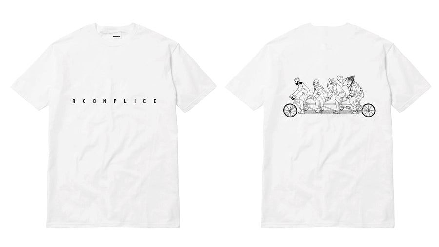 White t-shirt with black graphic design on a white background