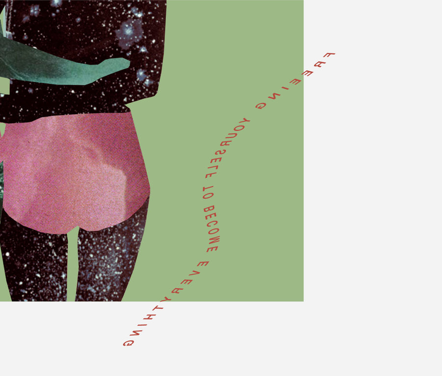 Illustration of a person wearing a black coat with star patterns, pink pants, and green gloves on a green background.