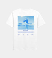 White t-shirt with a blue graphic of a person in water and text on a light gray background