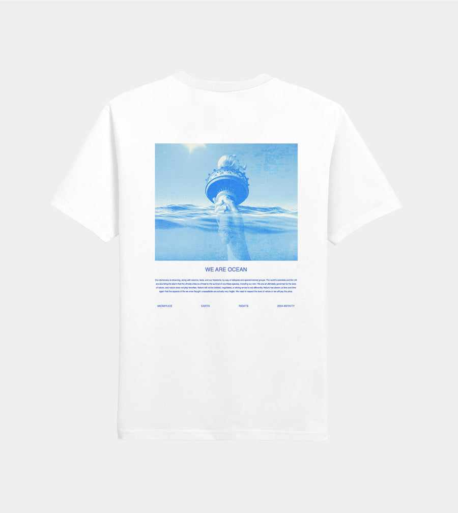 White t-shirt with a blue graphic of a person in water and text on a light gray background