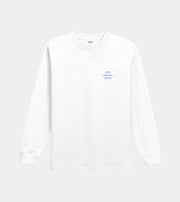 White long-sleeve shirt with a small logo on a light gray background