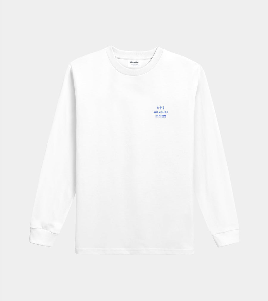 White long-sleeve shirt with a small logo on a light gray background