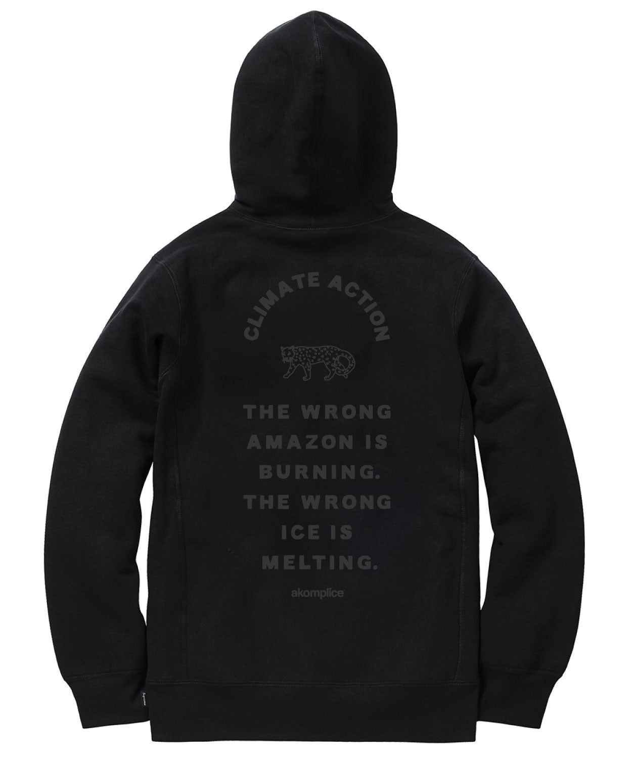 Black hoodie with text and graphic on the back, displayed on a white background