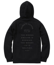 Black hoodie with text and graphic on the back, displayed on a white background