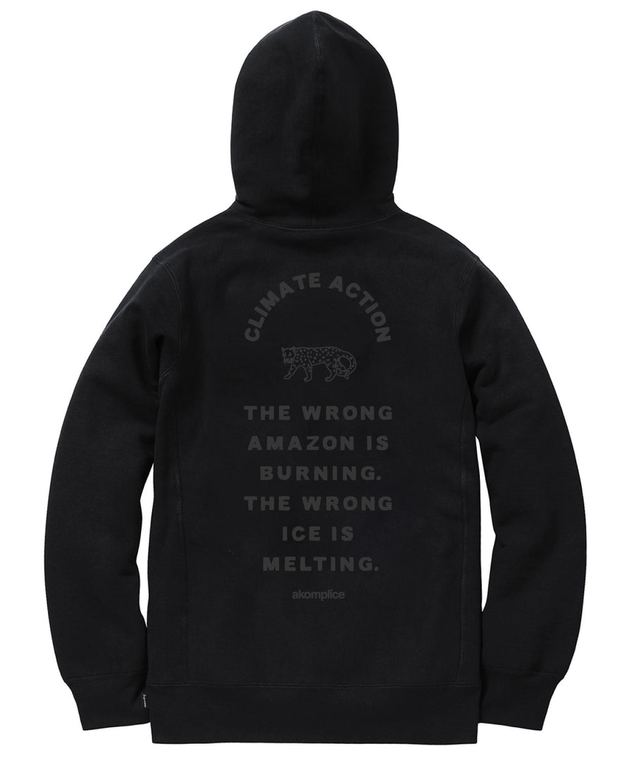 Black hoodie with text and graphic on the back, displayed on a white background