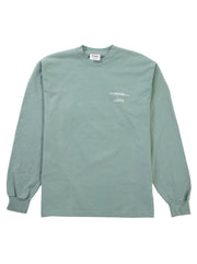 Green long-sleeve shirt with a small white logo on a white background