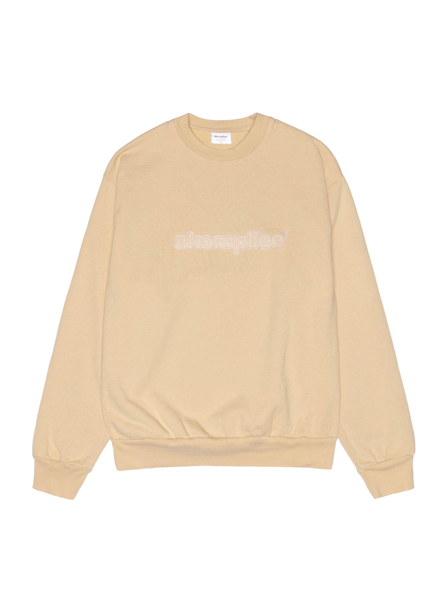 Beige sweatshirt with text on a white background