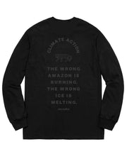 Black long-sleeve shirt with climate action text on a white background
