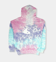 Tie-dye hoodie with a logo on a white background