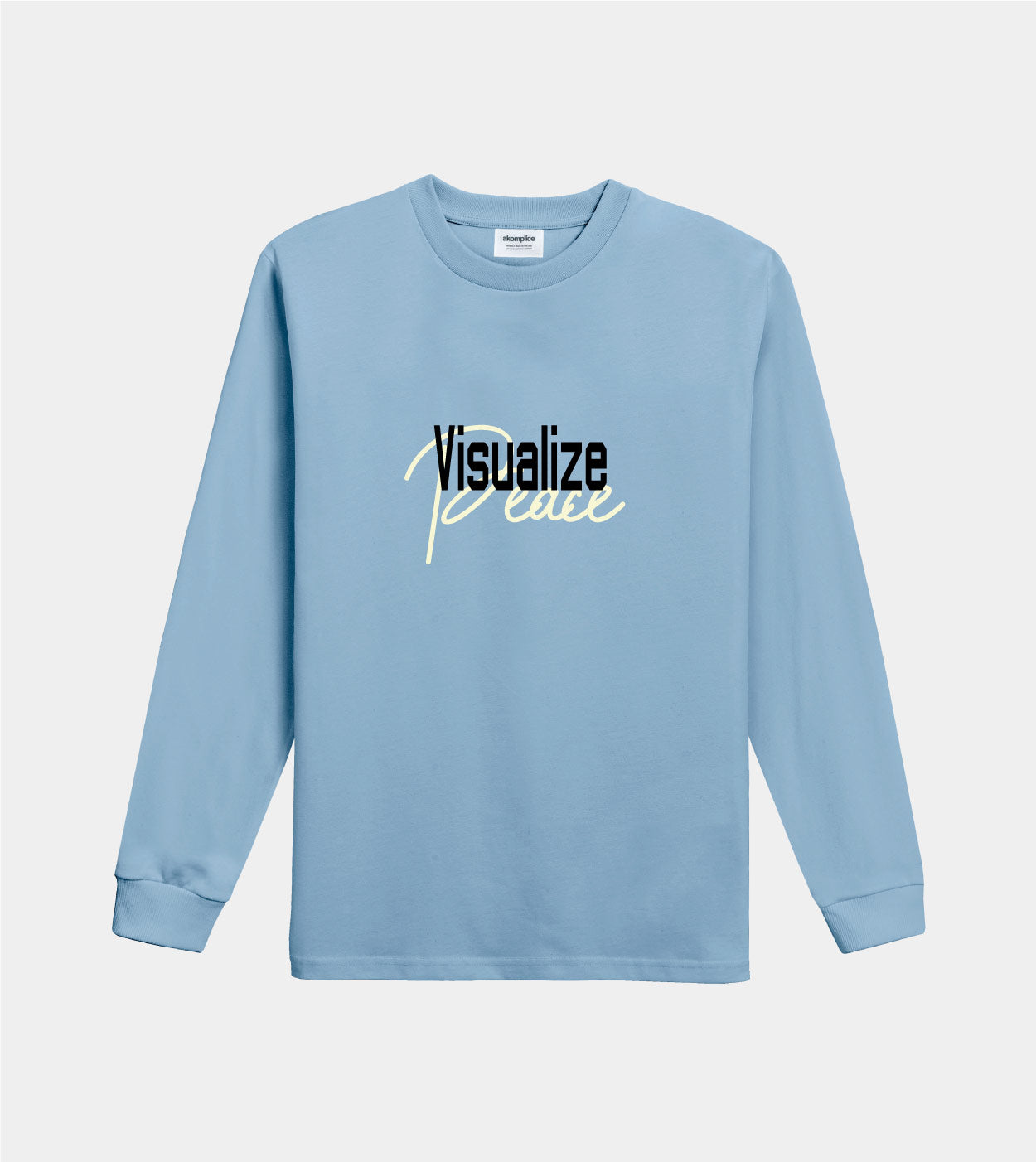 Light blue long-sleeve shirt with 'Visualize Peace' text on a white background