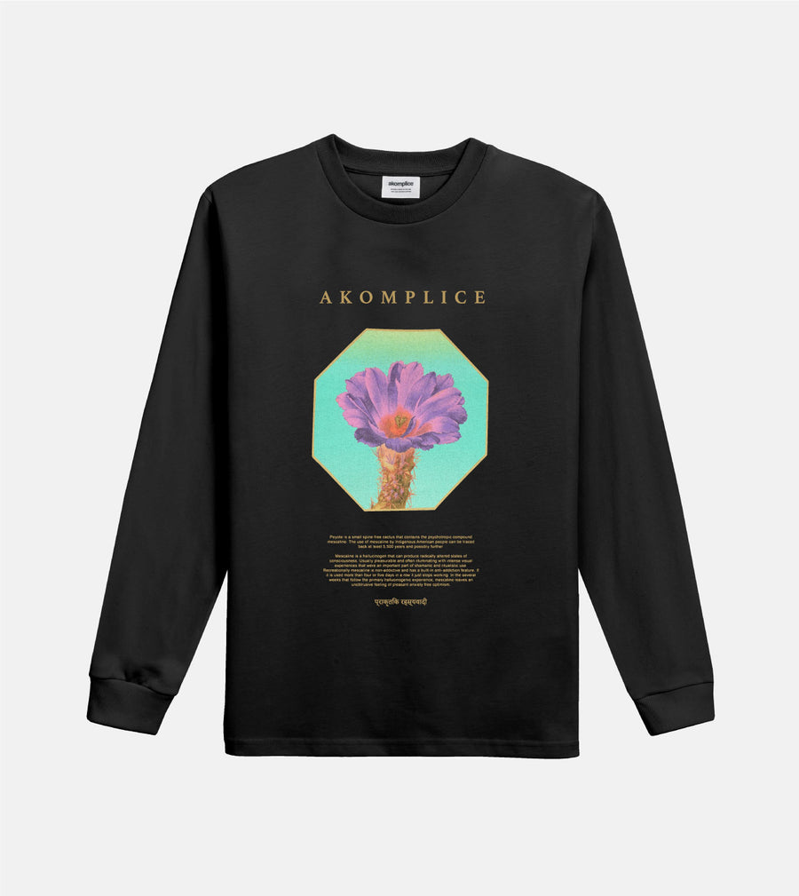 Black long-sleeve shirt with a colorful graphic and 'AKOMPLICE' branding on a white background