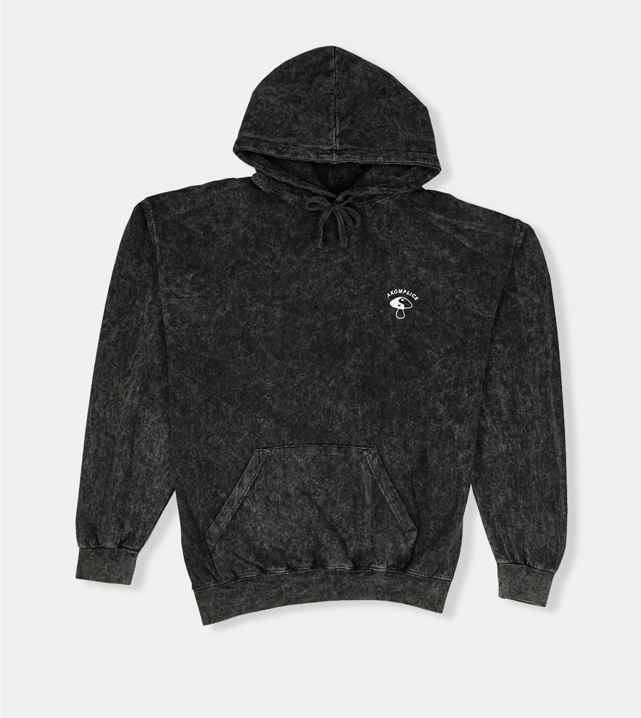 Black hoodie with a logo on a light gray background