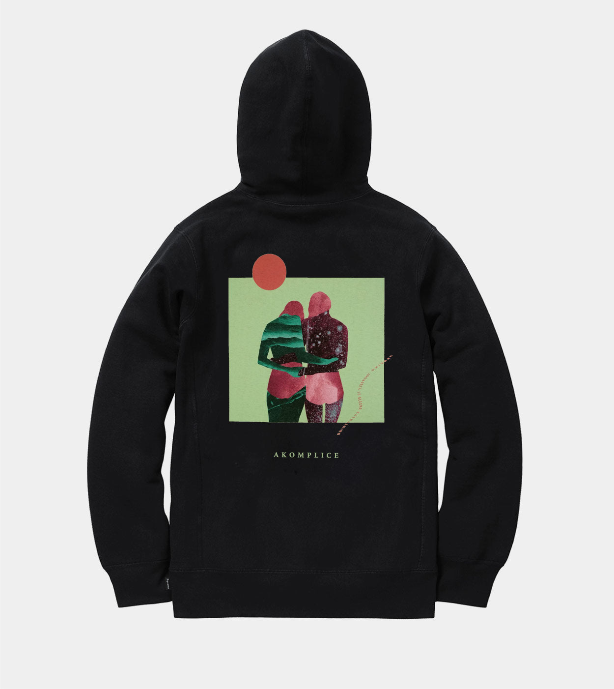 Black hoodie with a graphic design on the back against a white background