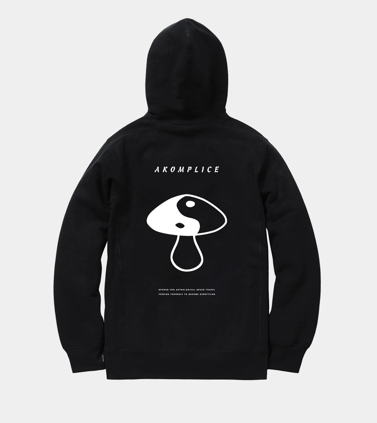 Black hoodie with white graphic design on the back against a light gray background