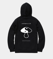 Black hoodie with white graphic design on the back against a light gray background