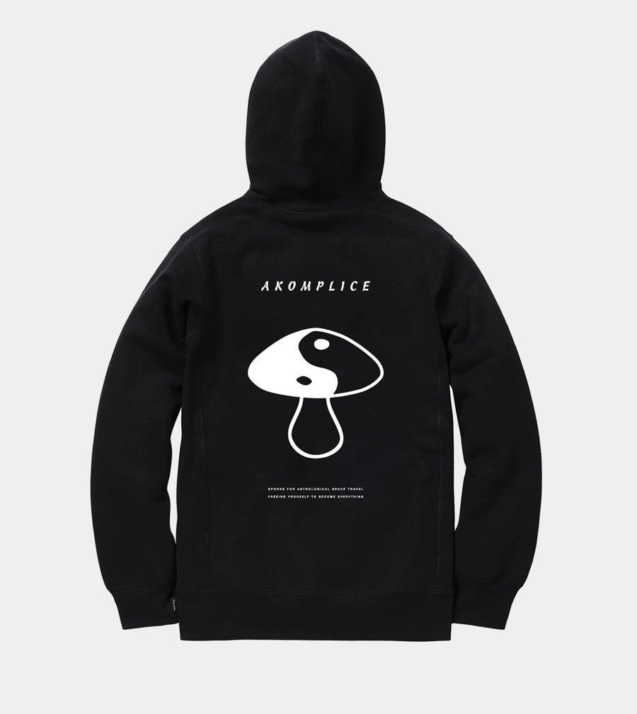 Black hoodie with white graphic design on the back against a light gray background