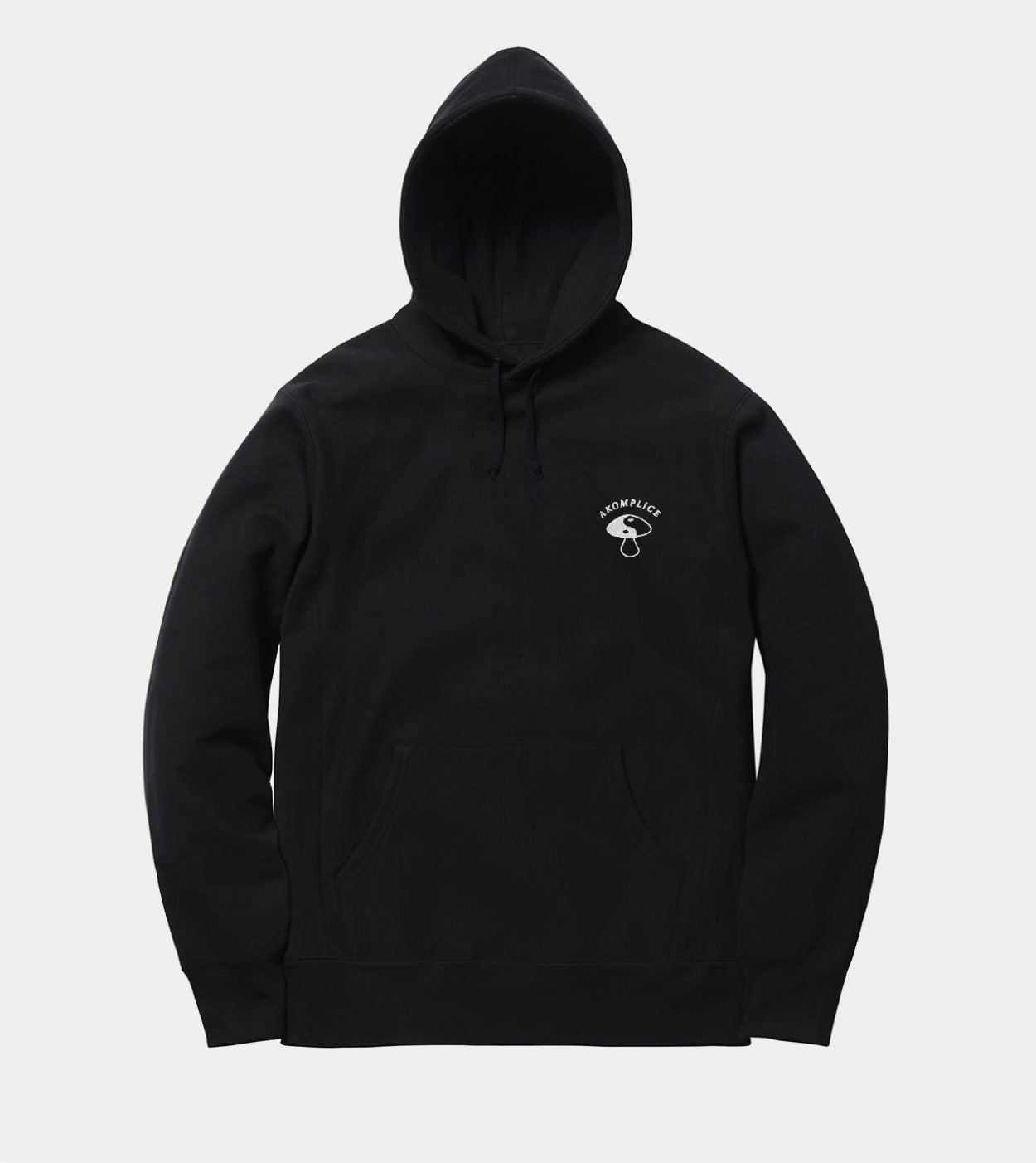 Black hoodie with a small white logo on a light gray background