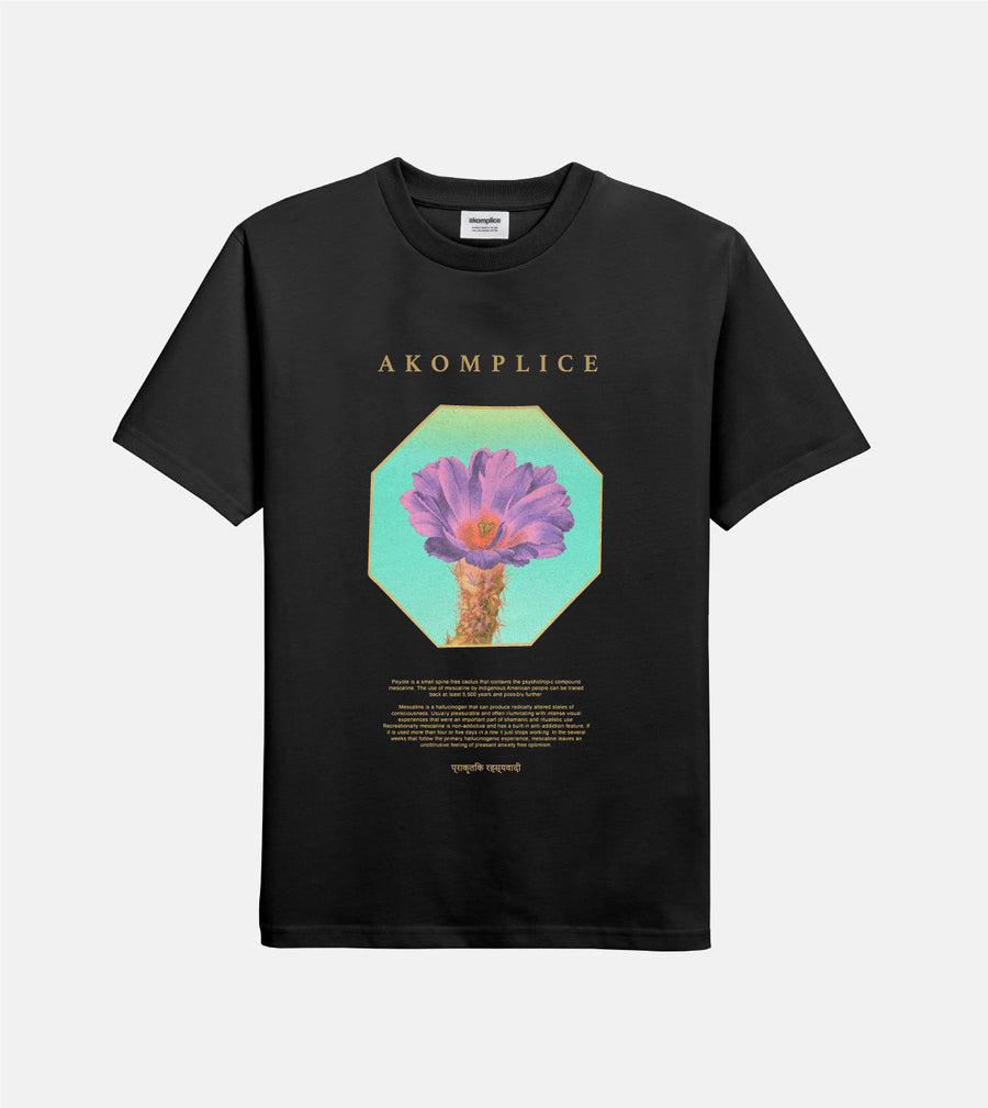 Black t-shirt with a colorful graphic and 'AKOMPLICE' branding on a white background