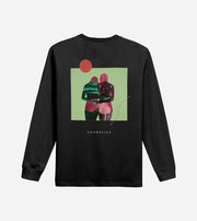 Black sweatshirt with a graphic design of two people embracing and the brand 'AKOMPLICE' on a light gray background.