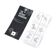 Botany handbook with black cover and white pages displaying plant illustrations on a white background