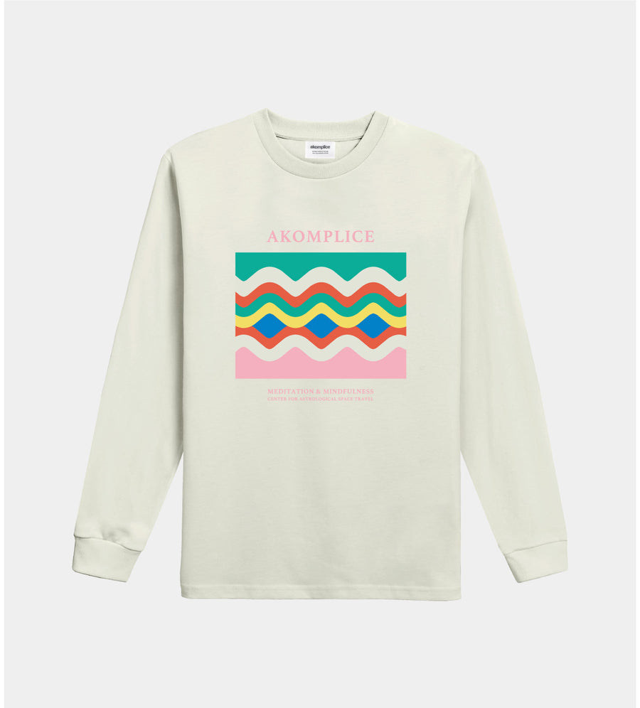 Beige sweatshirt with colorful graphic and 'AKOMPLICE' text on a white background