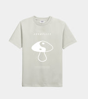 Light gray t-shirt with white graphic design and text on a white background