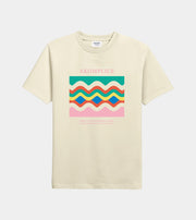 Beige t-shirt with colorful wave design and 'AKOMPLICE' text on a white background