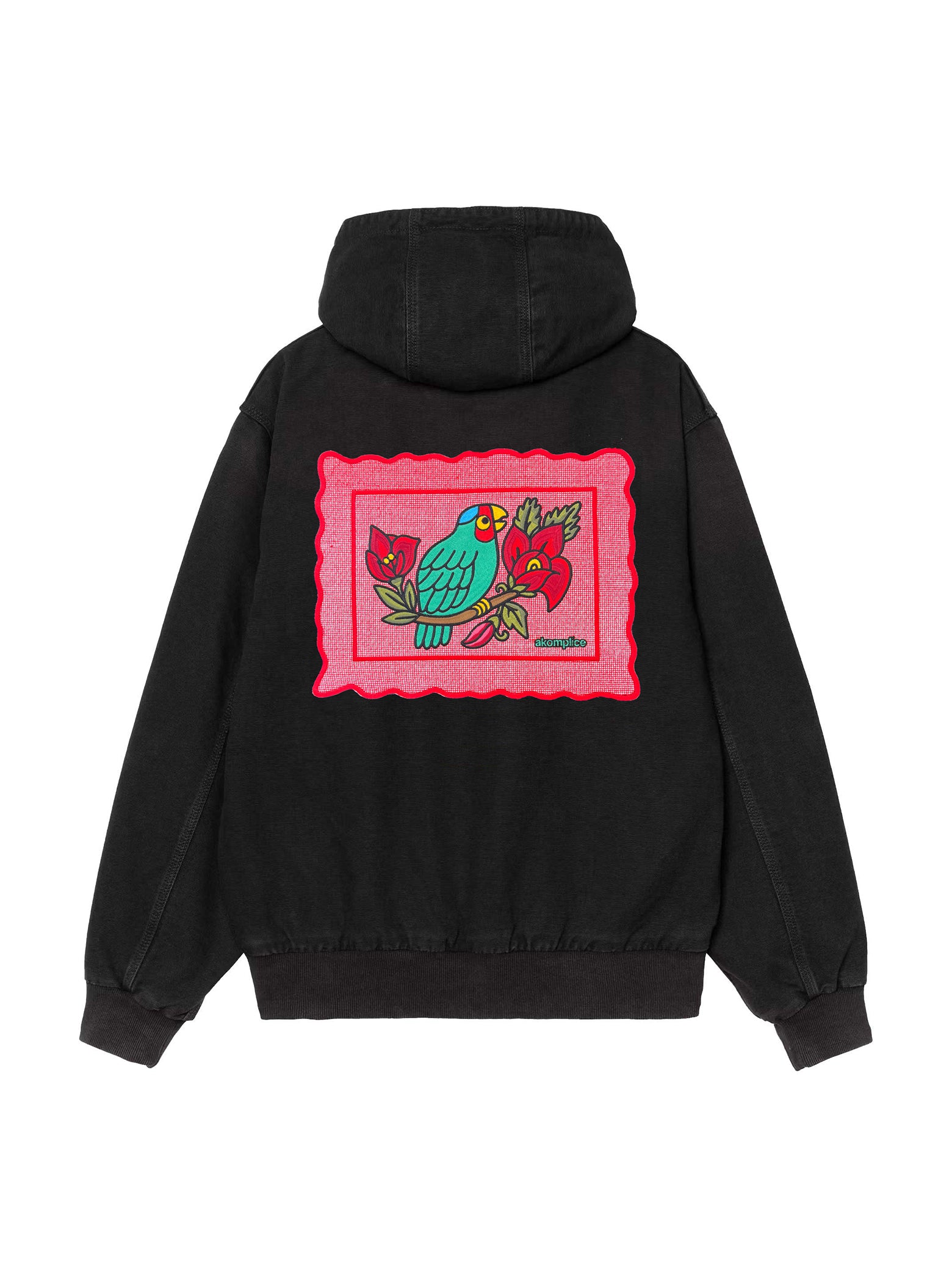 Black hoodie with colorful bird design on the back against a white background