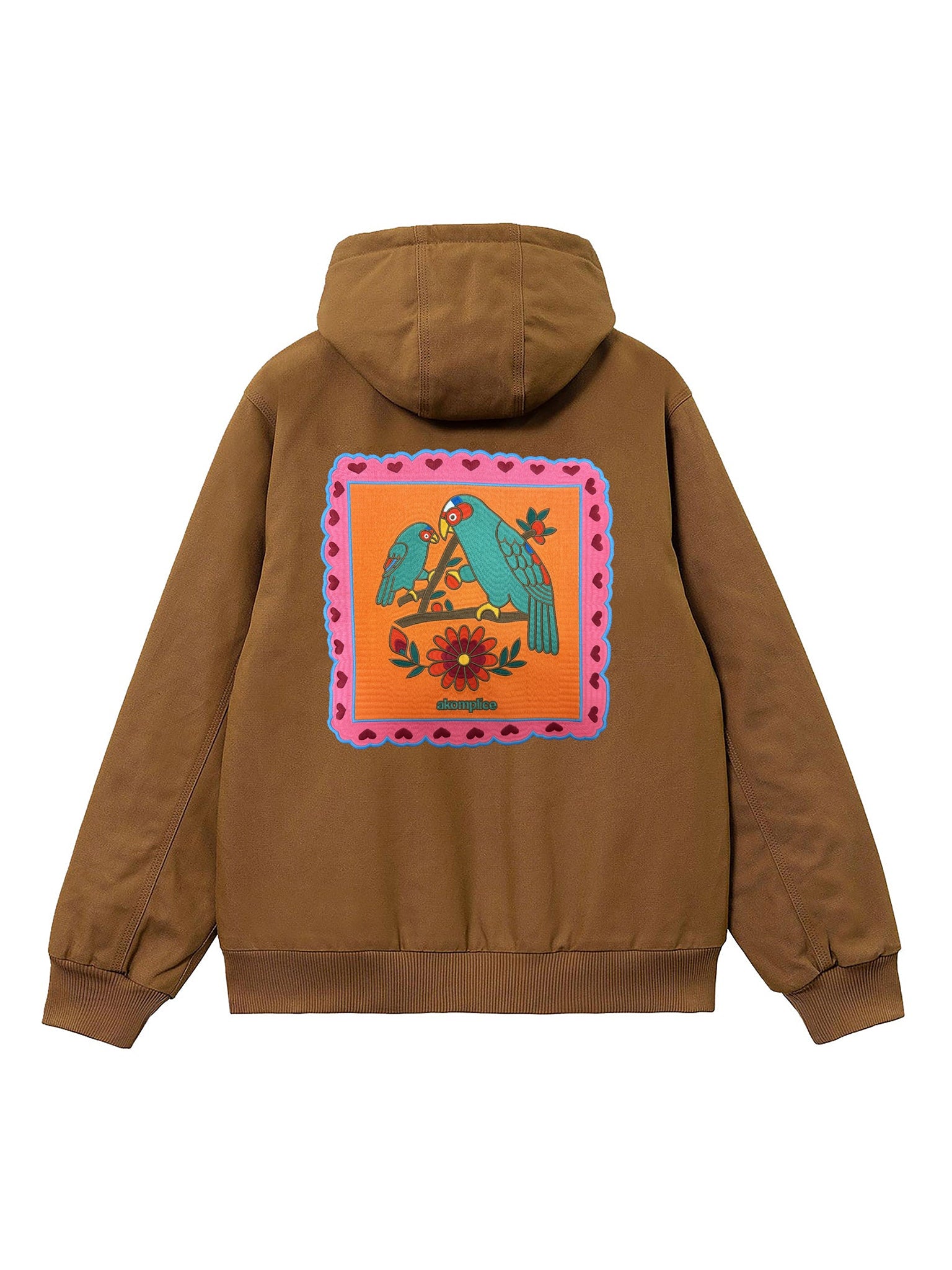 Brown hoodie with a colorful graphic on the back against a white background