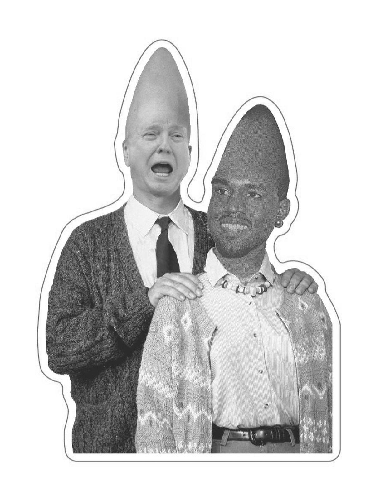 Two people wearing cardboard cutouts of characters with large heads and small bodies.