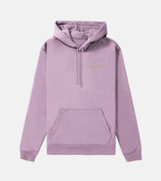 Purple hoodie with a small logo on a light purple background