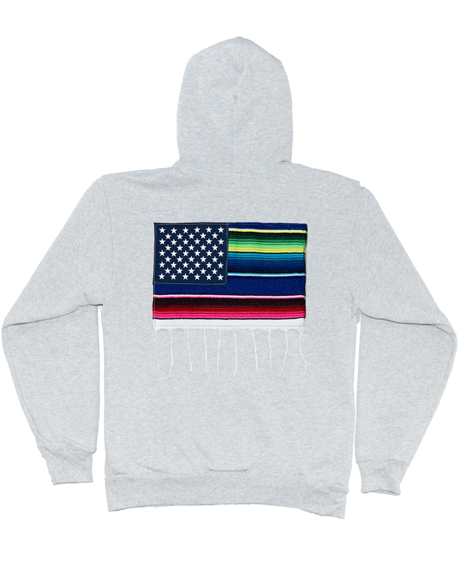Gray hoodie with a colorful American flag design on the back against a white background