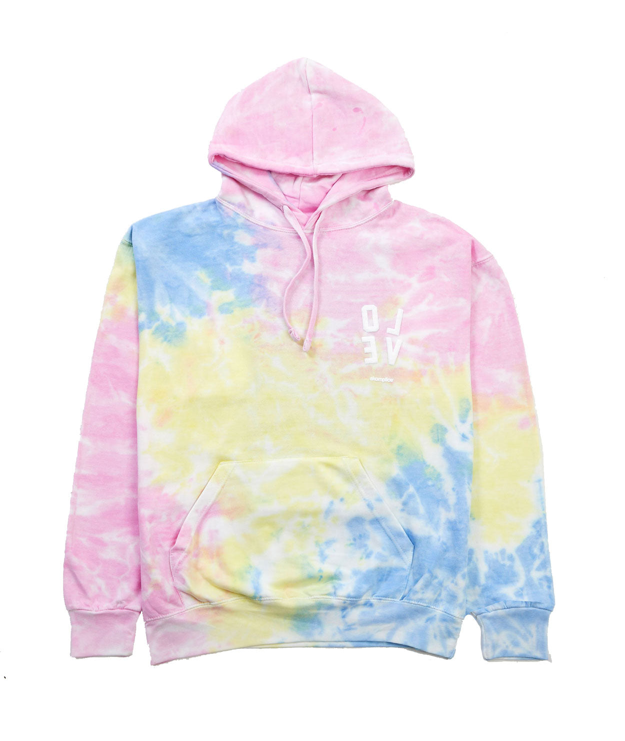 Tie-dye hoodie with a colorful pattern on a white background