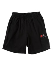Black shorts with a red and white logo on a white background