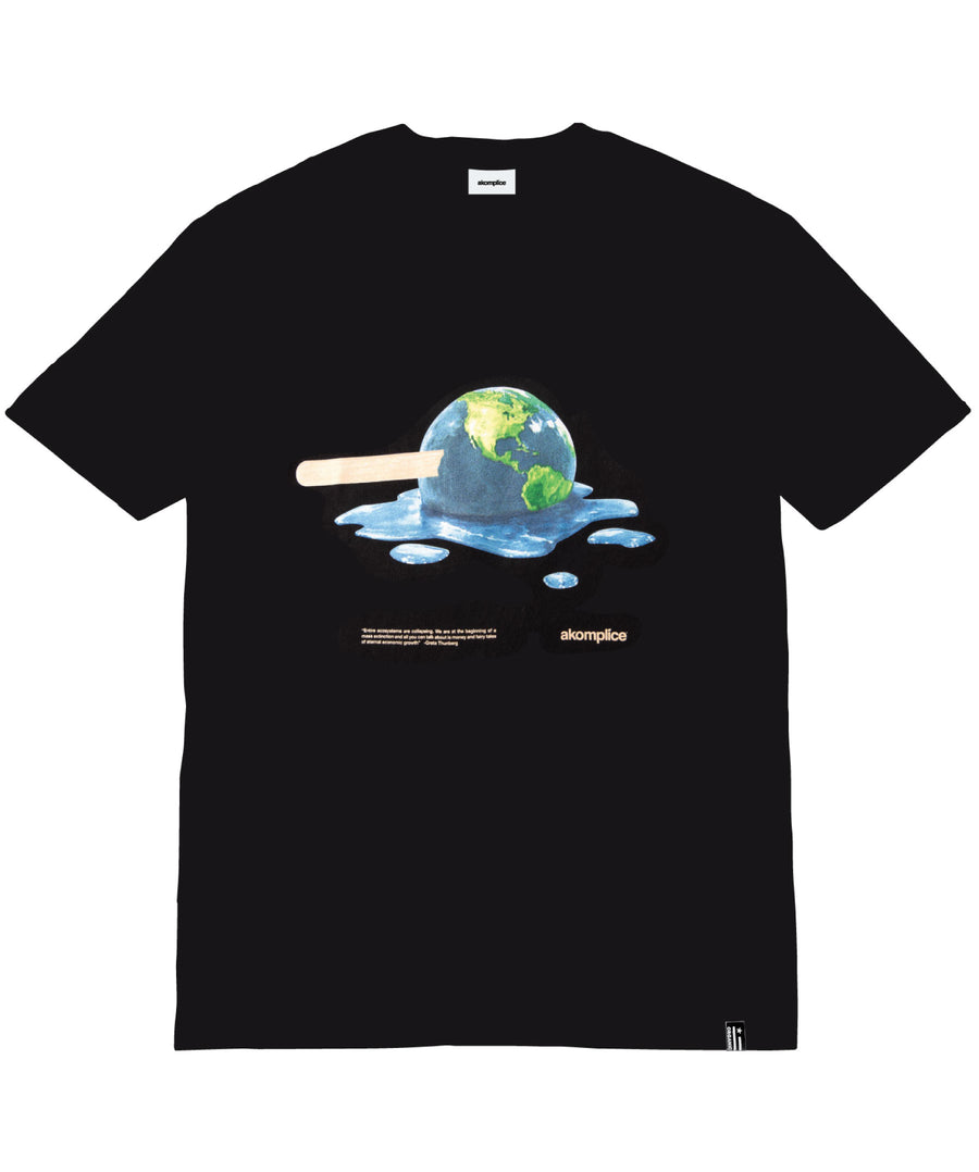 Black t-shirt with a graphic of a melting ice cream cone with the Earth on top, featuring the brand 'Supreme'.