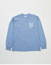 Blue long-sleeve shirt with white text on a light gray background