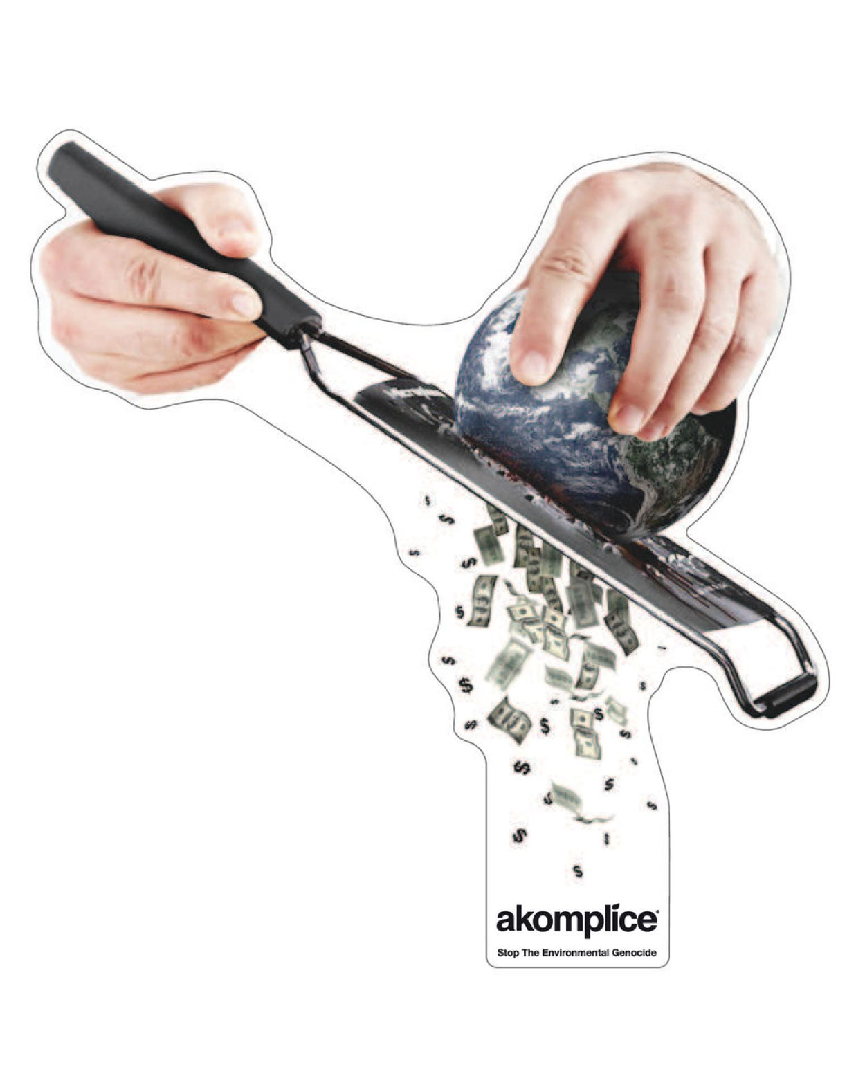 Illustration of a hand holding a tool cutting through money with 'akomplice' branding.