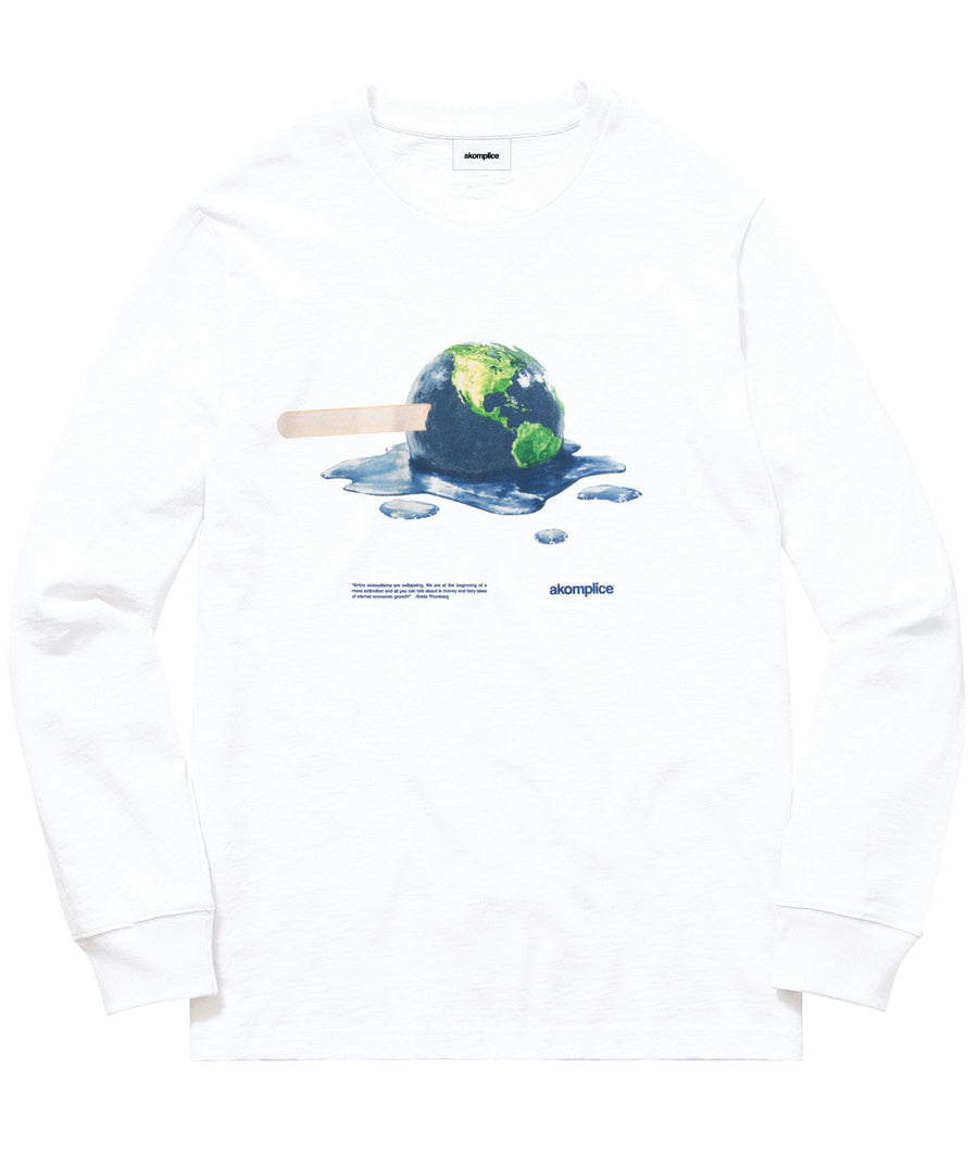 White sweatshirt with a graphic of a melting ice cream cone with the Earth on top, featuring the brand 'Supreme'.