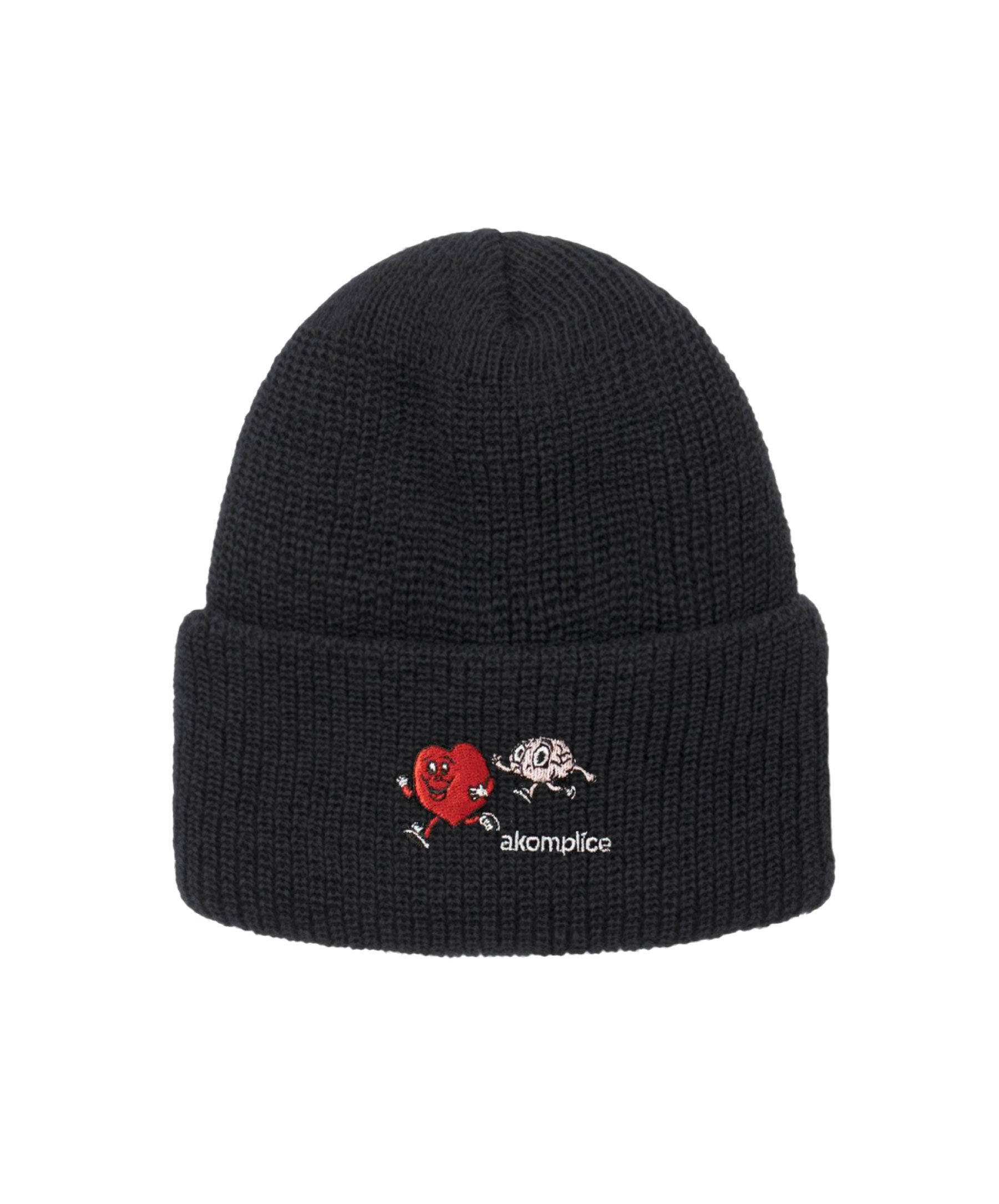 Black beanie with red and white design and 'akomplice' branding on a white background