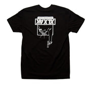 Black t-shirt with white graphic design on a white background