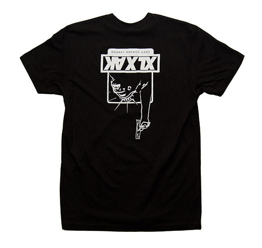 Black t-shirt with white graphic design on a white background