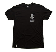 Black t-shirt with logos on a white background