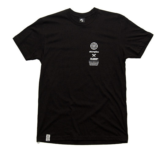Black t-shirt with logos on a white background