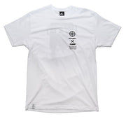 White t-shirt with black logos on a white background