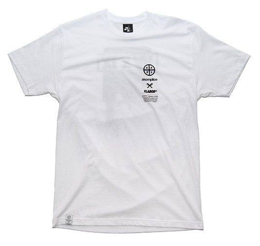 White t-shirt with black logos on a white background