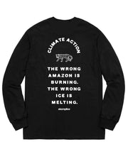 Black long-sleeve shirt with white text and graphic on a white background