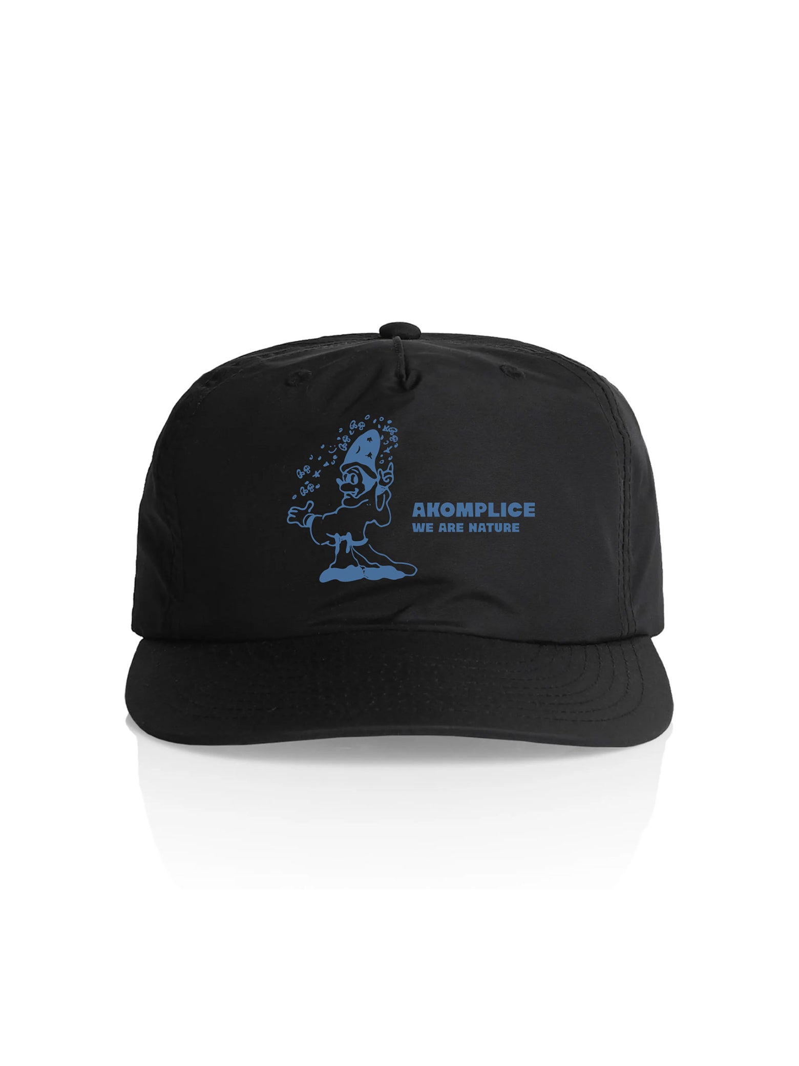 Black cap with blue graphic and text on a white background
