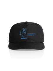 Black cap with blue graphic and text on a white background
